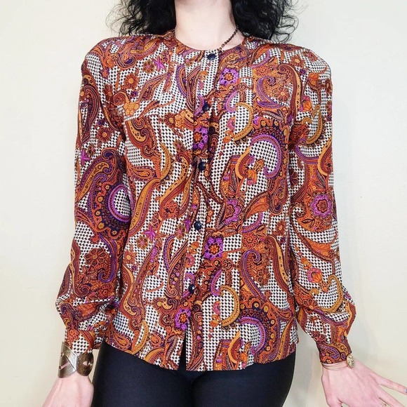 Vintage 80s Paisley & Houndstooth Silk Blouse - Picture 2 of 7